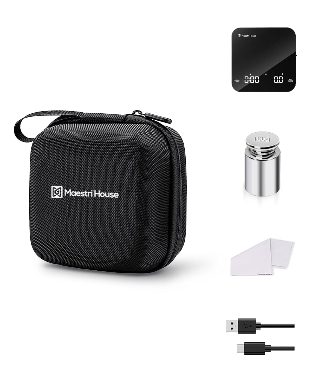 Maestri House Mini Coffee Scale Barista Kit with 100g Calibration Weight & Carrying Case, Rechargeable Espresso Scale with Timer, 0.1g Precision 2kg Kitchen Scale, Portable for Pour Over & Travel Gift Box-BS