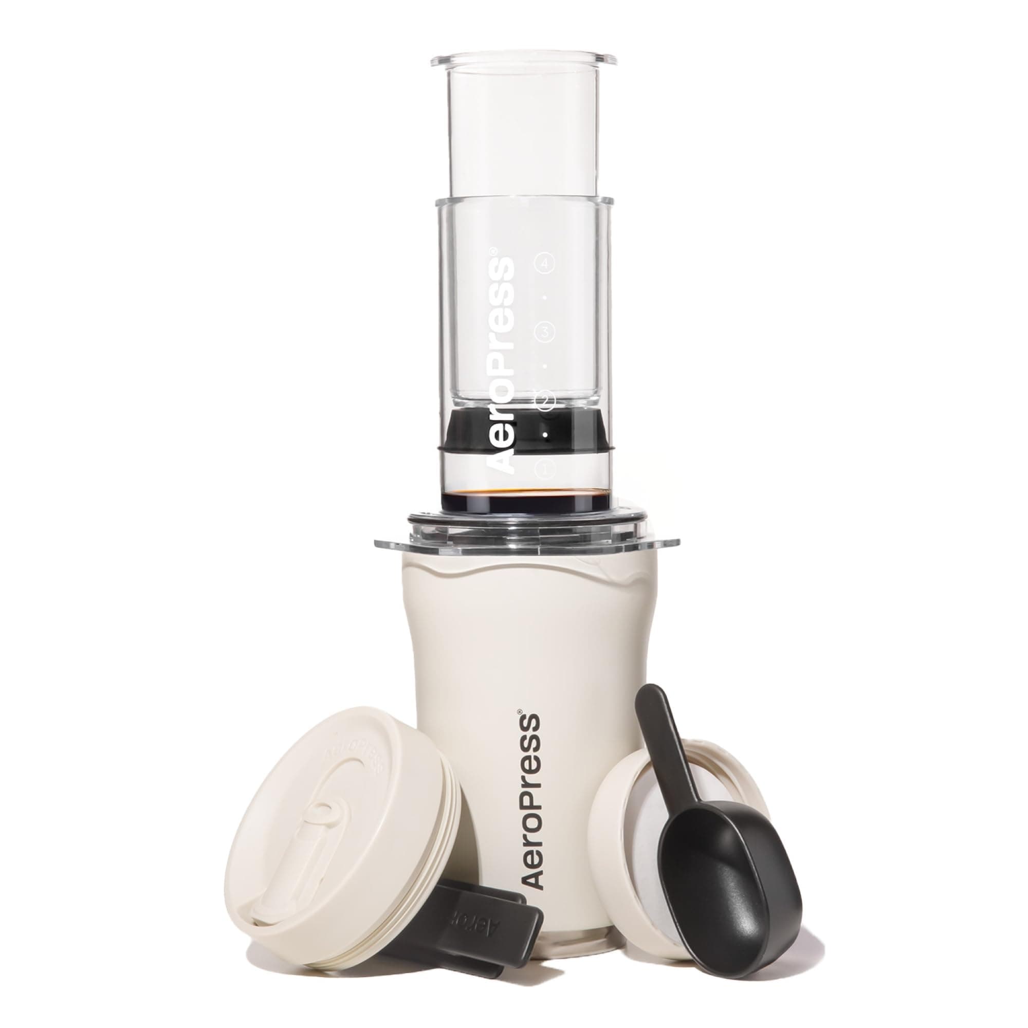 AeroPress Go Plus, Small Portable Coffee Maker Kit, Travel, Camping & Office, All-in-One French Press, Pour-Over & Espresso Style Manual Brewer, 2 Min Brew for Less Bitterness, More Flavor, Cream Go Plus Cream