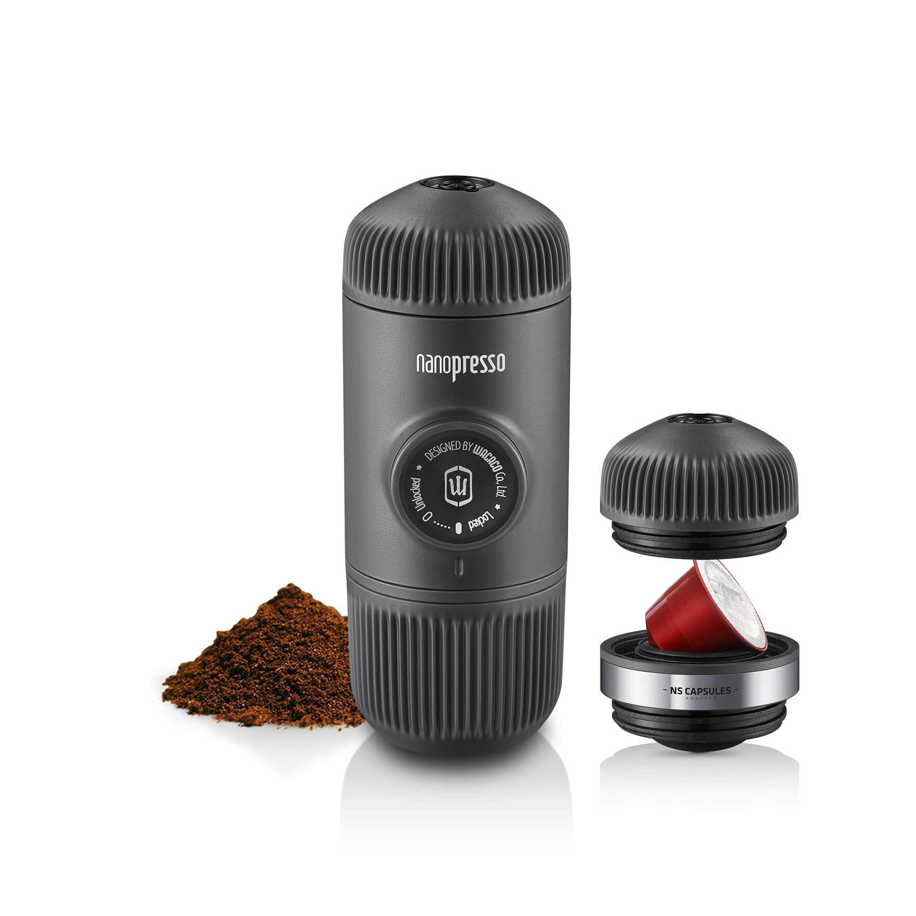 WACACO Nanopresso Portable Espresso Maker Bundled with NS Adapter, Compatible with NS Capsules and Ground Coffee, Compact Size 2.44"x2.8"x6.65", Manually Travel Coffee Machine Set, Perfect for Camping