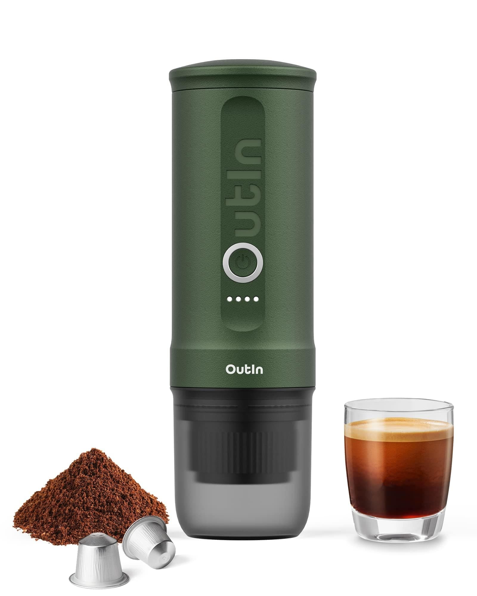 OutIn Nano Portable Electric Espresso Machine, Travel Coffee Maker for Camping, Car Coffee Maker Self-Heating with USB-C, With Ground Coffee & NS Capsule for RV, Hiking, Office Forest Green