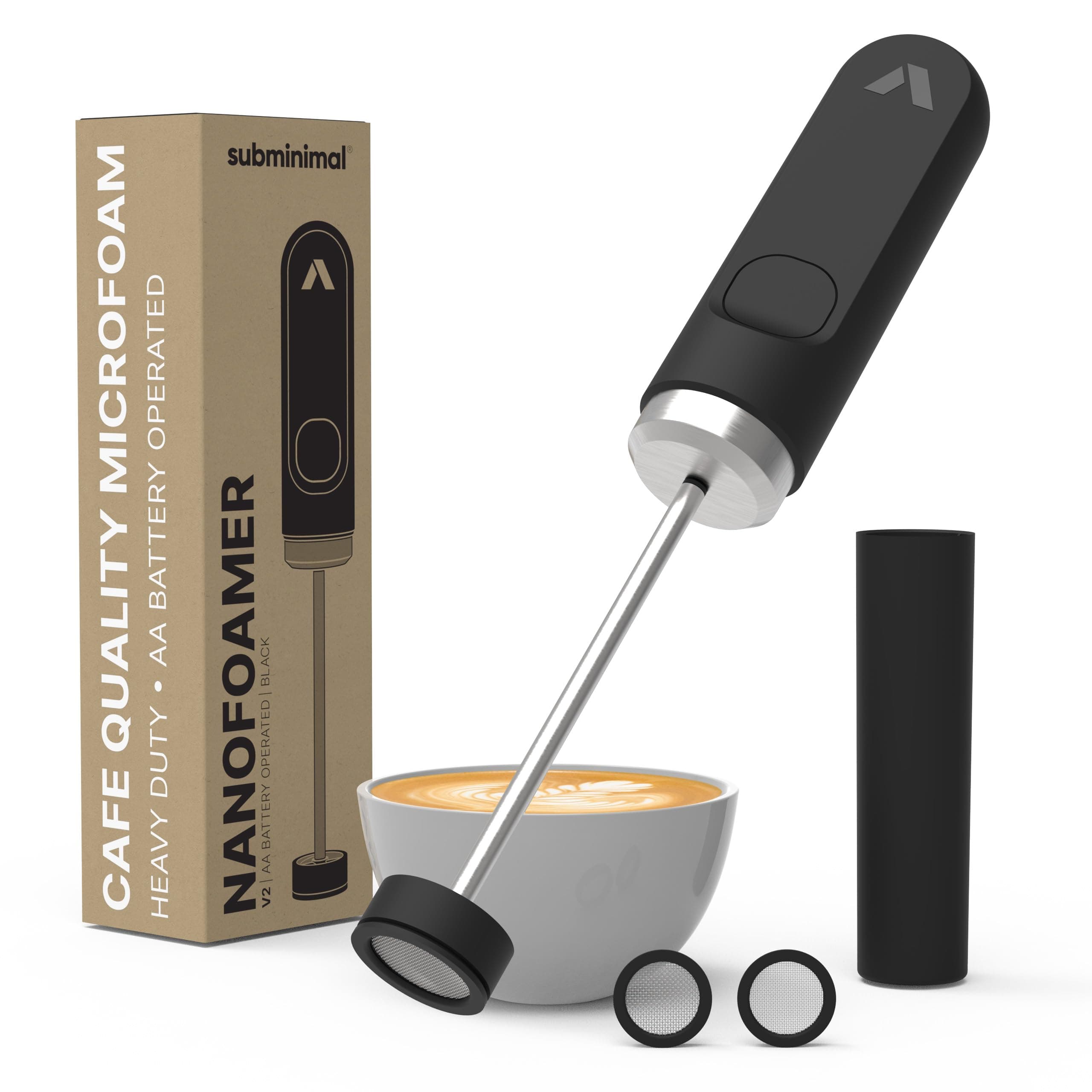 Subminimal NanoFoamer V2 Performance Milk Foamer | NEW Model Edition | Waterproof, Dual-Speed, Stainless Steel | Microfoamed Milk in 30 Seconds, Barista-Style Coffee Drinks Home