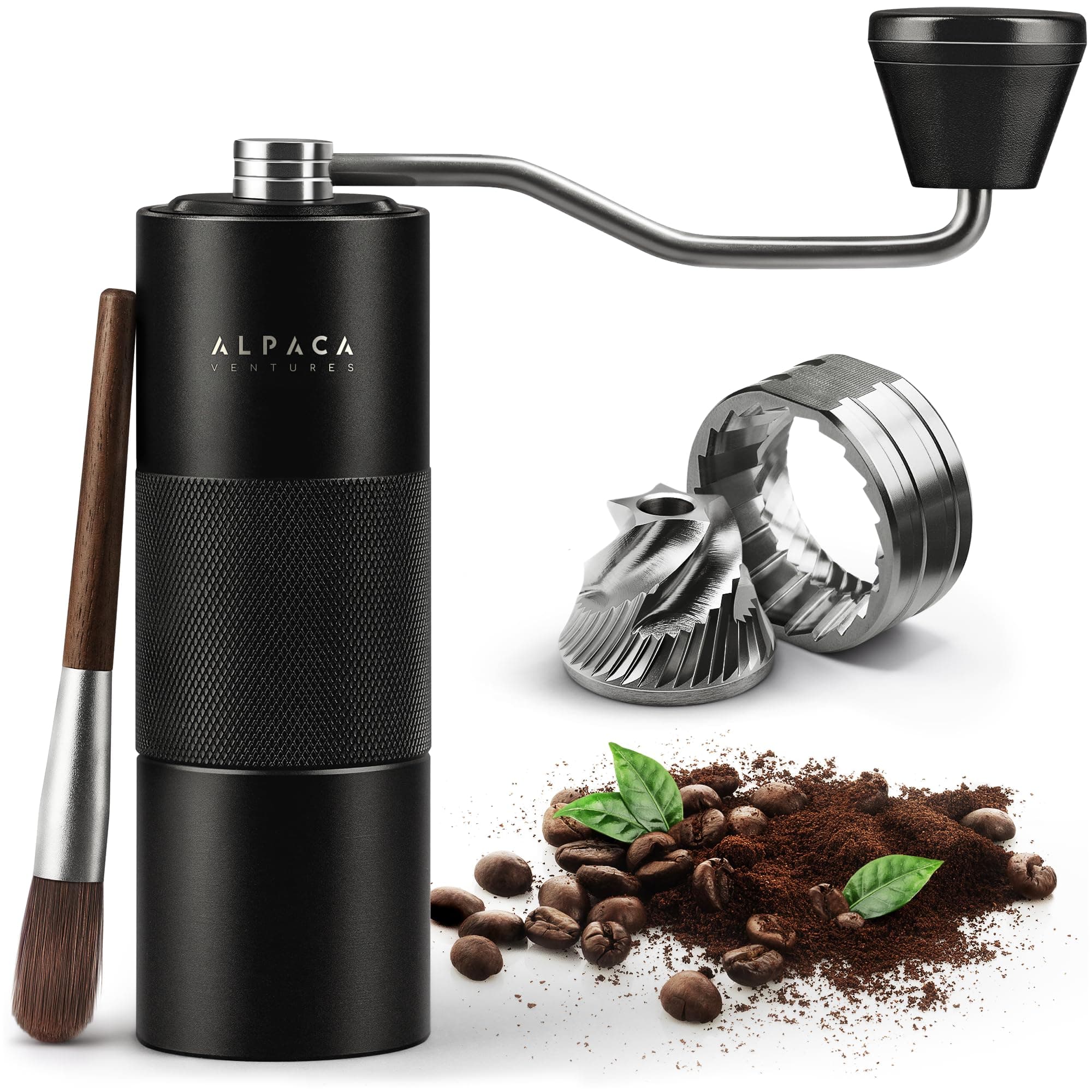 Manual Coffee Grinder by Alpaca Ventures - Stainless Steel Conical Burr Coffee Grinder Manual with Adjustable Setting Double Bearing Hand Espresso Grinder Perfect for Home, Office and Camping Black
