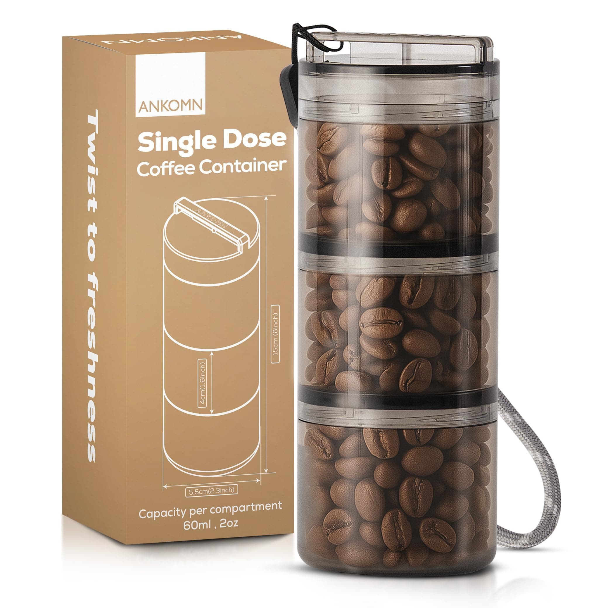 ANKOMN QuarterSeal X7 Airtight Modular Coffee Canister – Single Dose Coffee Bean Storage. Travel Coffee Grounds Container with UV-Protection for Backpacking or Camping. On-the-Go Coffee Accessories. Smoke 3 compartments 1