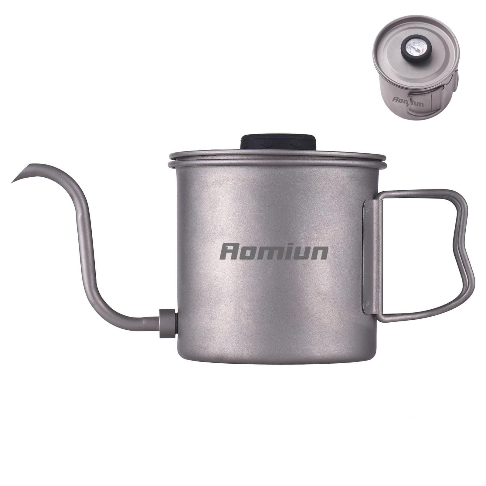 Aomiun Titanium Gooseneck Kettle with Thermometer, 13.5oz Pour Over Camping Kettle Coffee Tea Pot with Removable Spout & Folding Handle, Lightweight Portable Camping Kettles for Backpacking