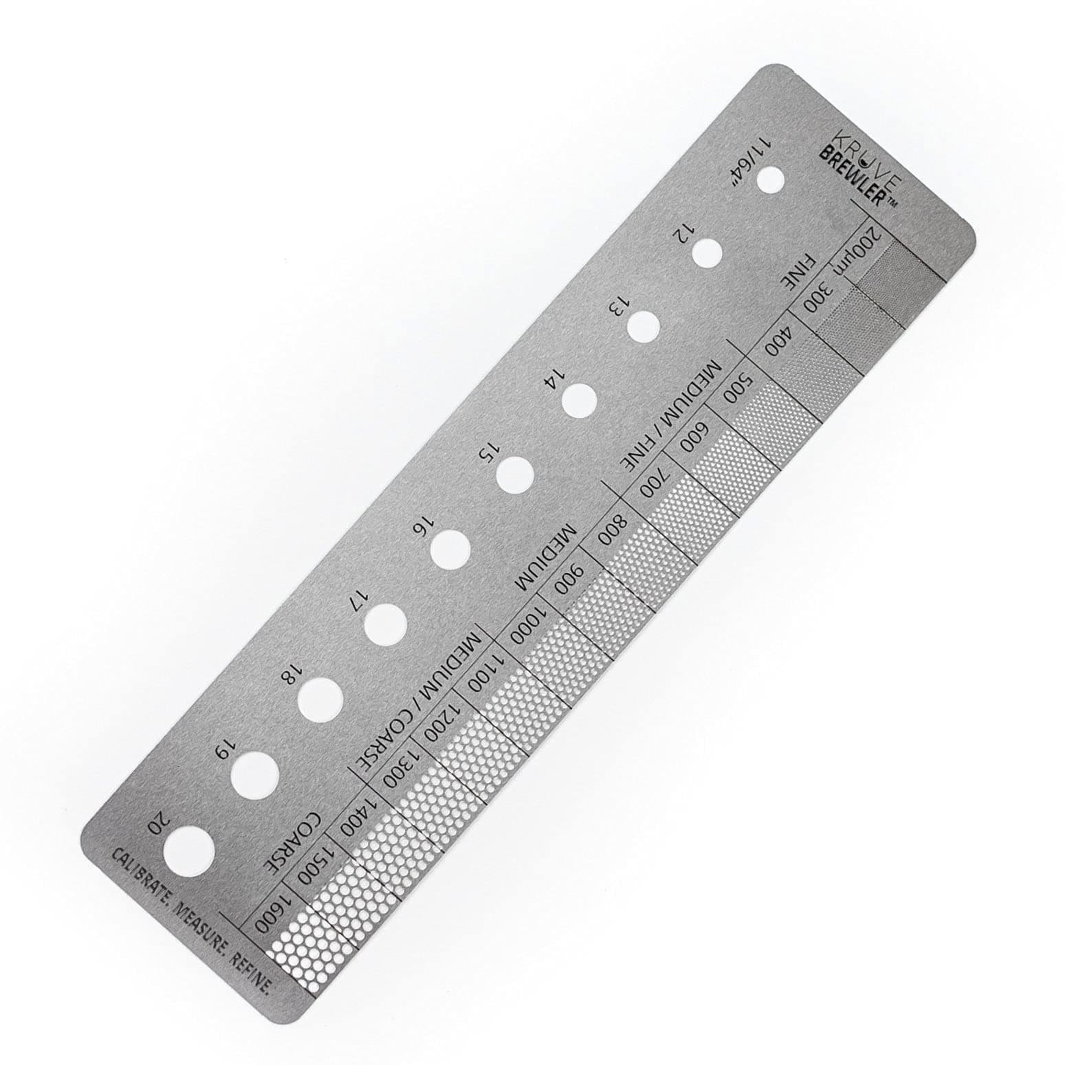 KRUVE Brewler Coffee Grind Ruler - Stainless Steel Coffee Bar Accessories for Home, Coffee Grind Size 200-1600 Microns, Green Bean Grading 11/64-20/64, 5.9 Inch Ruler, Conversion Chart, Magnetic Guide