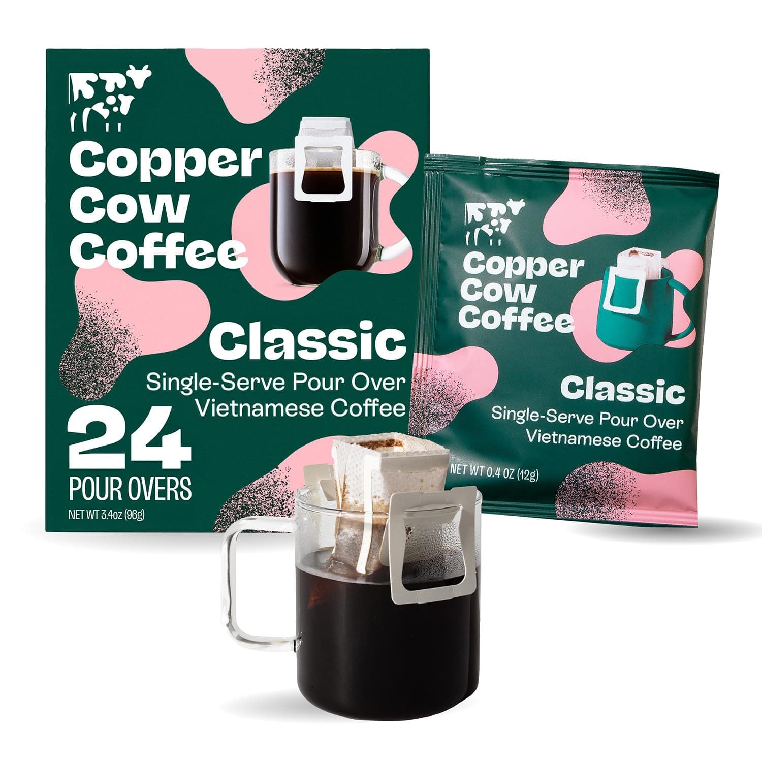 Copper Cow Coffee Premium Pour Over Single-Serve Vietnamese Coffee Pouches (24 pack) | Classic Black | Dark Roast | Convenient Vietnamese Ground Coffee Packets, Travel Friendly Classic Black 0.4 Ounce (Pack of 24)