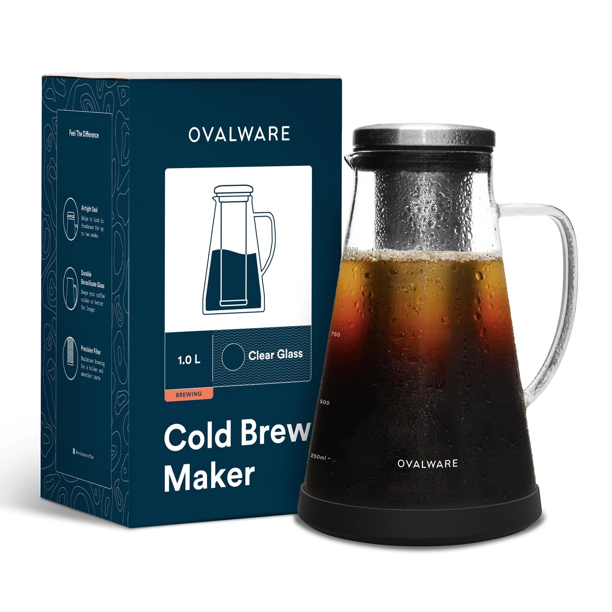 OVALWARE Airtight Cold Brew Iced Coffee Maker Pitcher and Tea Infuser with Spout - 1.0L / 34oz Ovalware RJ3 Brewing Glass Carafe with Removable Stainless Steel Filter 34 Ounces