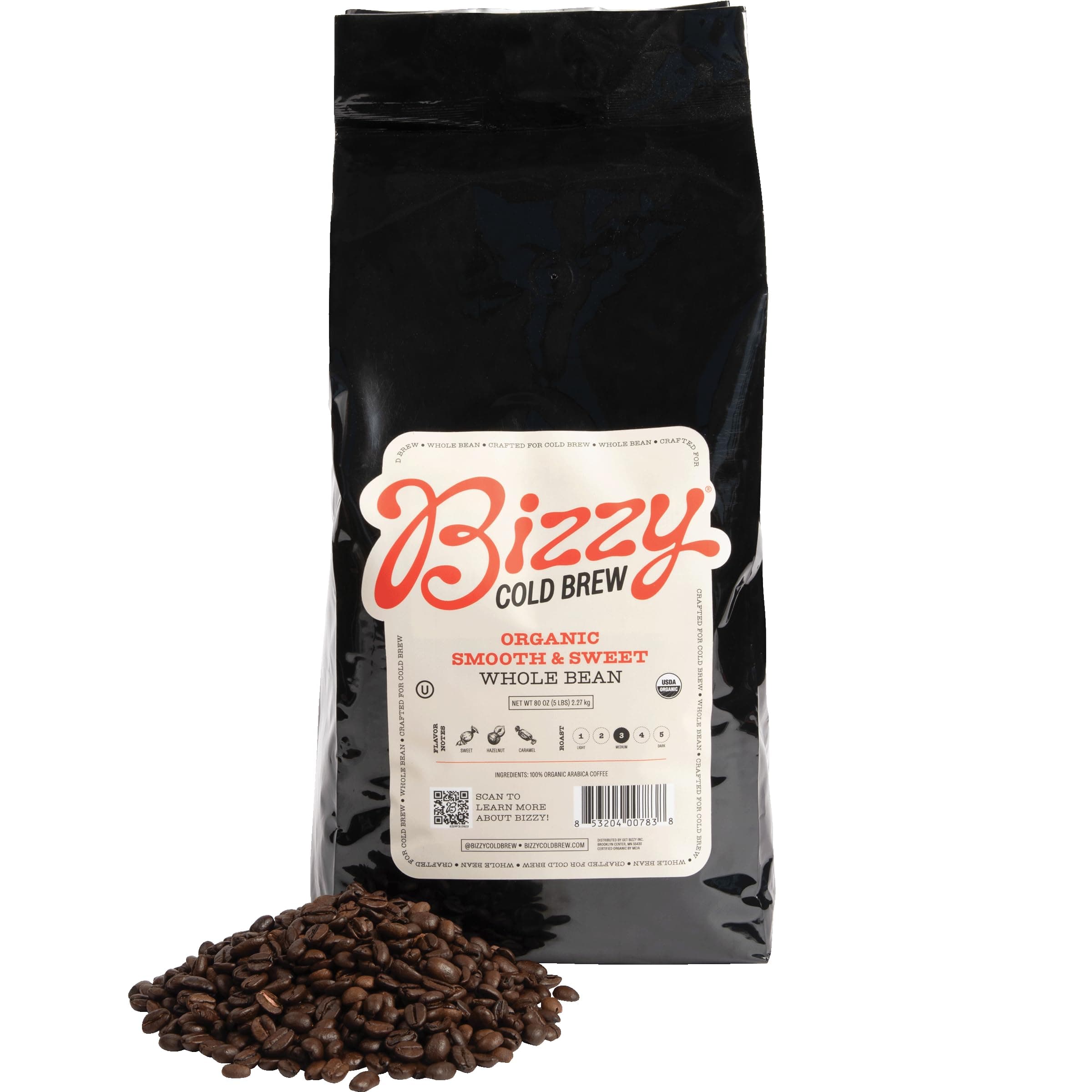 Bizzy Organic Cold Brew Coffee | Smooth & Sweet Blend | Whole Bean Coffee | Medium Roast | 100% Arabica | 5 LB Smooth & Sweet 80 Ounce (Pack of 1)